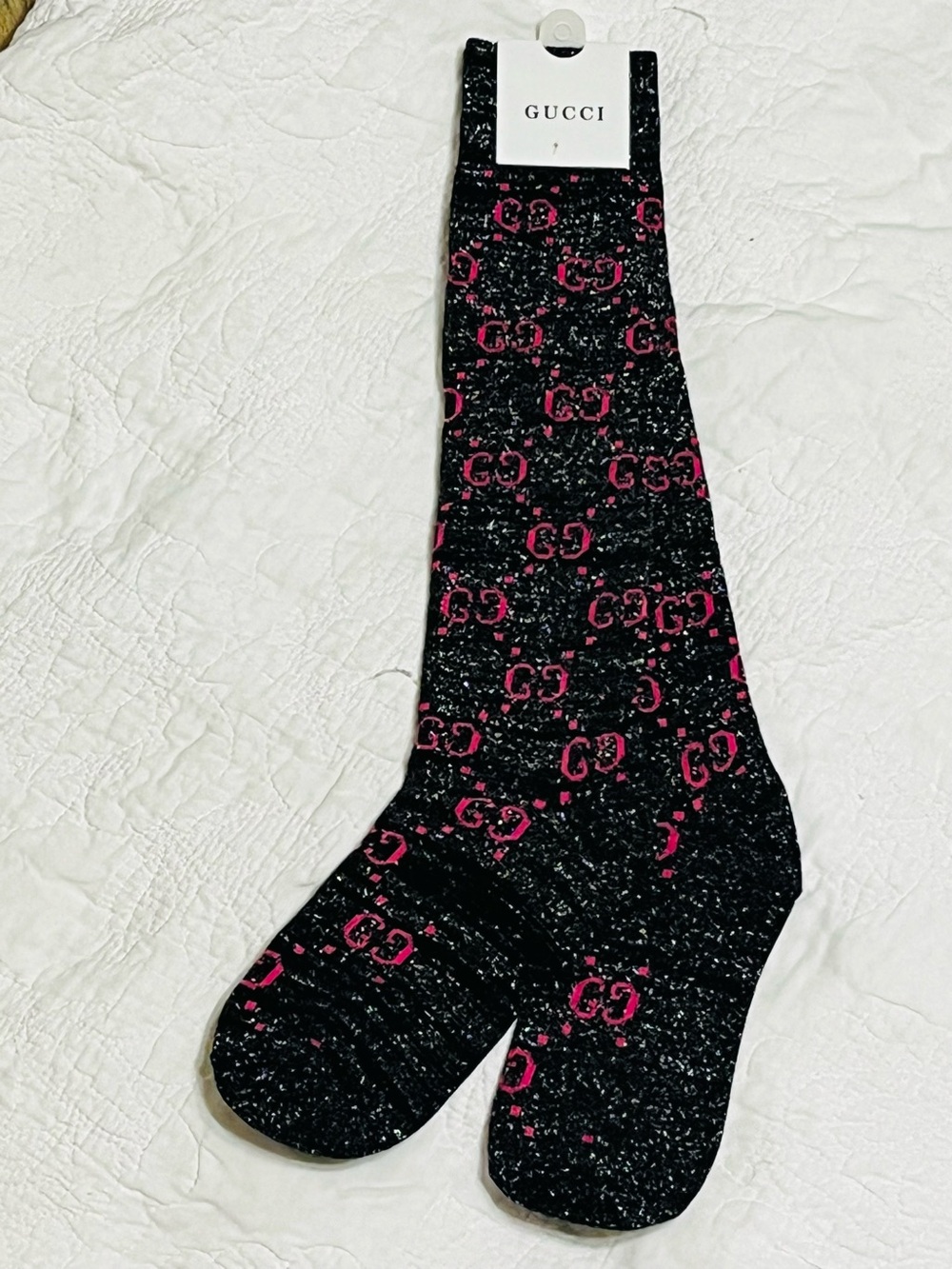 Gucci. Black Silver Pink Metallic Shiny Knee High Letter Logo Socks